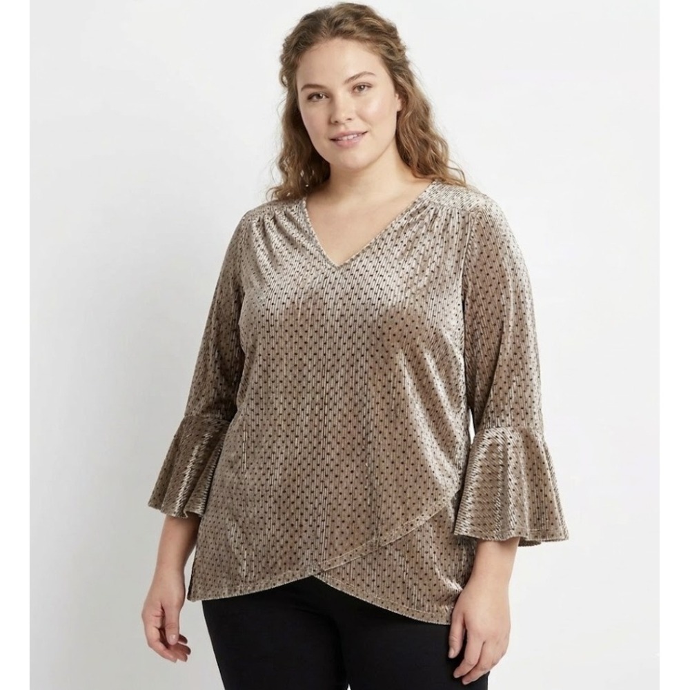 New Cato Collection Medium Brown Black Polka Dot Velvet Stretch‎ Top Romantic